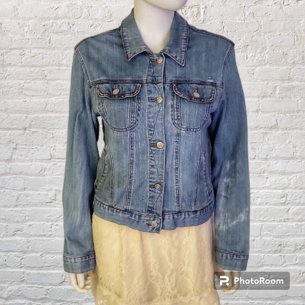 Vtg BIT & BRIDLE Cowboy Core Western Denim Bedazzled Cross Jean Jacket - Picture 2 of 9